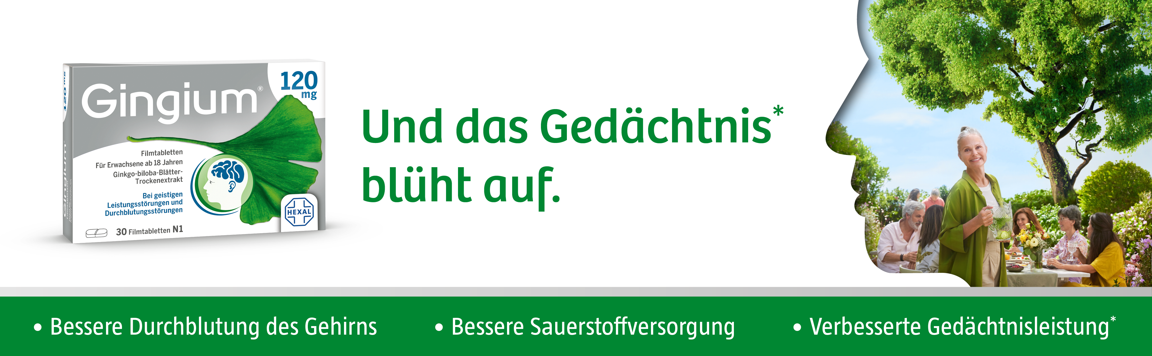 Gingium 120 mg Packung und Menschen im Hintergrund. Text: Bessere Durchblutung, Sauerstoffversorgung, Gedächtnisleistung.